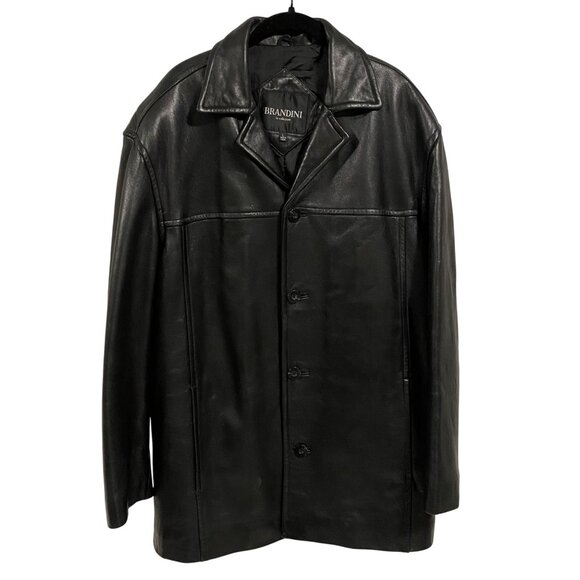 Vintage Brandini‎ Black Leather Button Up Men's Jacket Size L - Picture 1 of 8